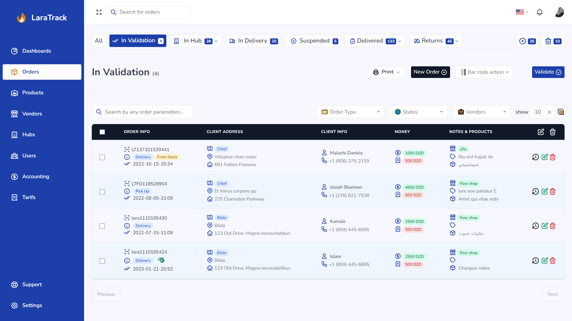 Laratrack dashboard