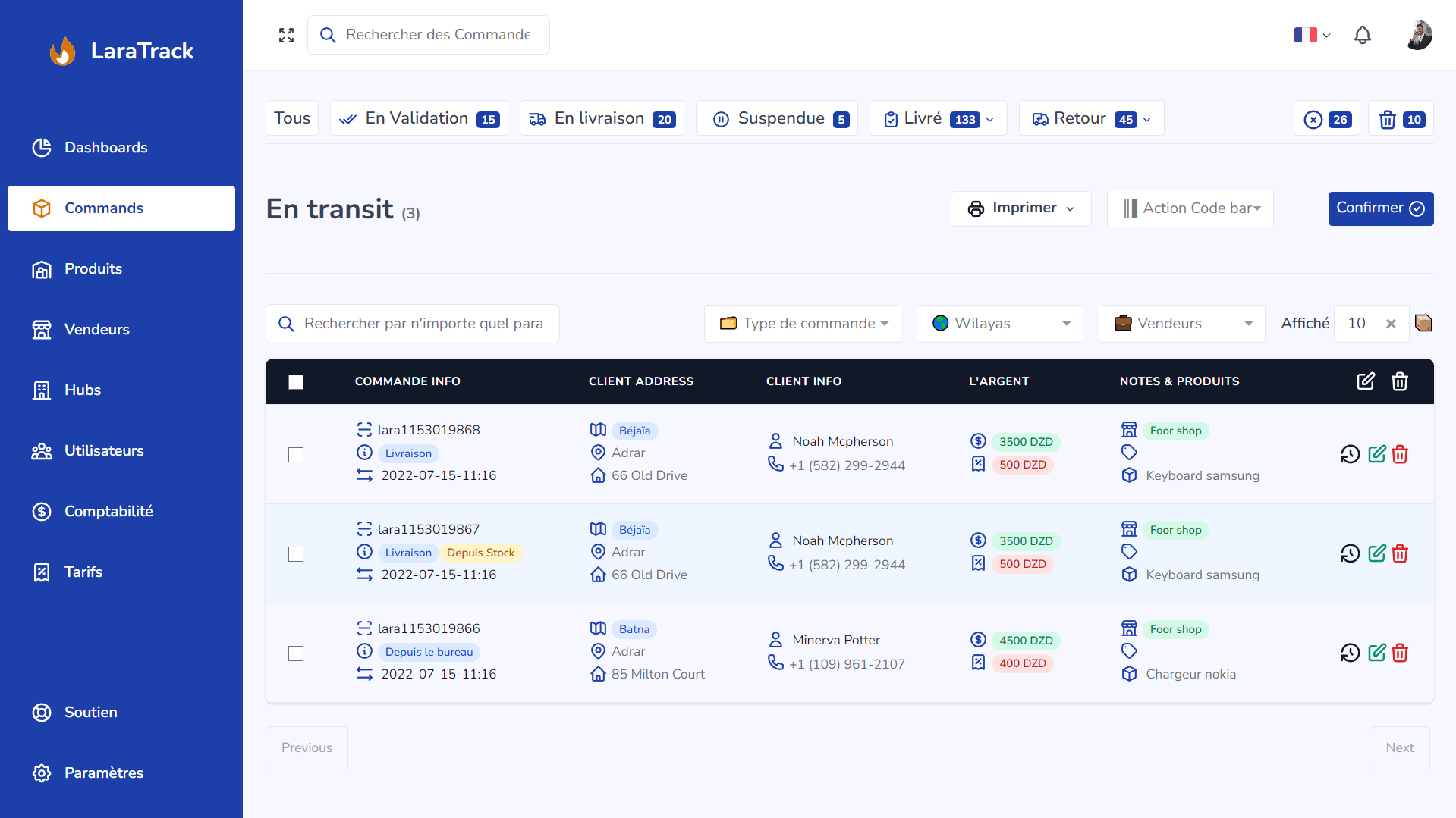 Laratrack dashboard